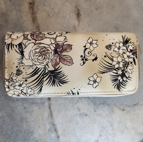 Floral Women Long Wallet Clutch Double Zip Wristlet Beige White Brown Flowers - Picture 1 of 6